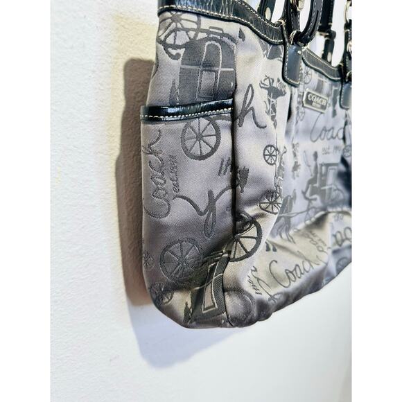 COACH Grey Black Stage Coach Horse Printed Fabric Y2K Leather Tote Handbag - Picture 3 of 15